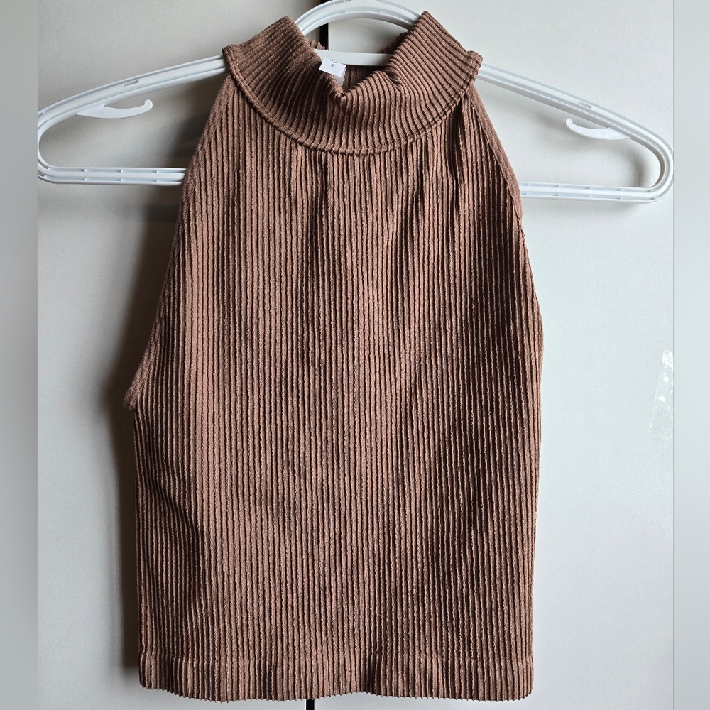 Brown Ribbed Halter Crop Top